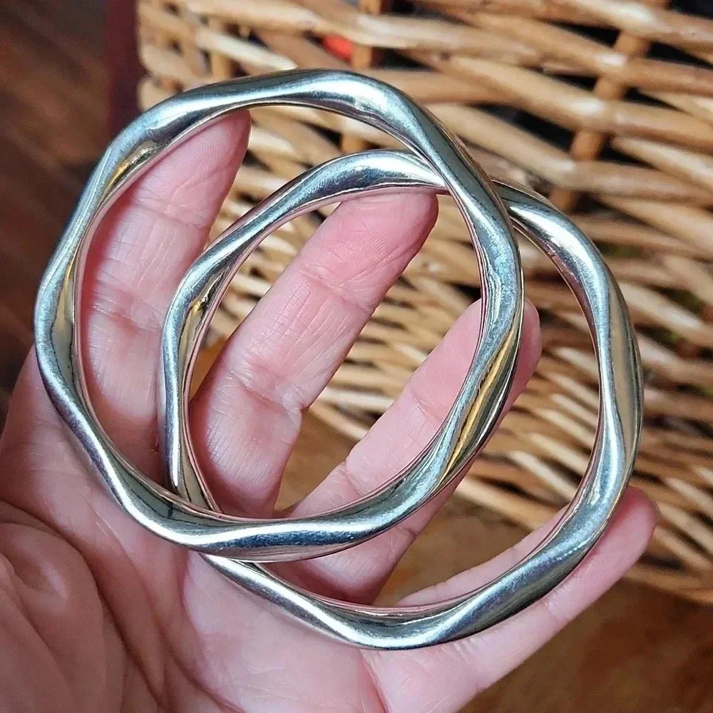Vtg Heavy Wave Wavy Stainless Steel Bracelet Set - Picture 4 of 6